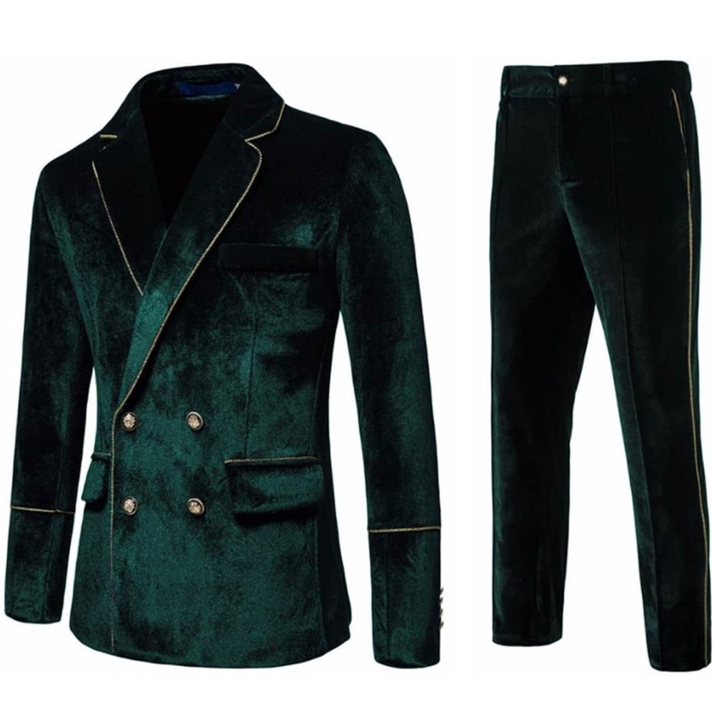 Men's 2 Piece Velvet Suits, Jacket Pants Slim Fit Double Breasted